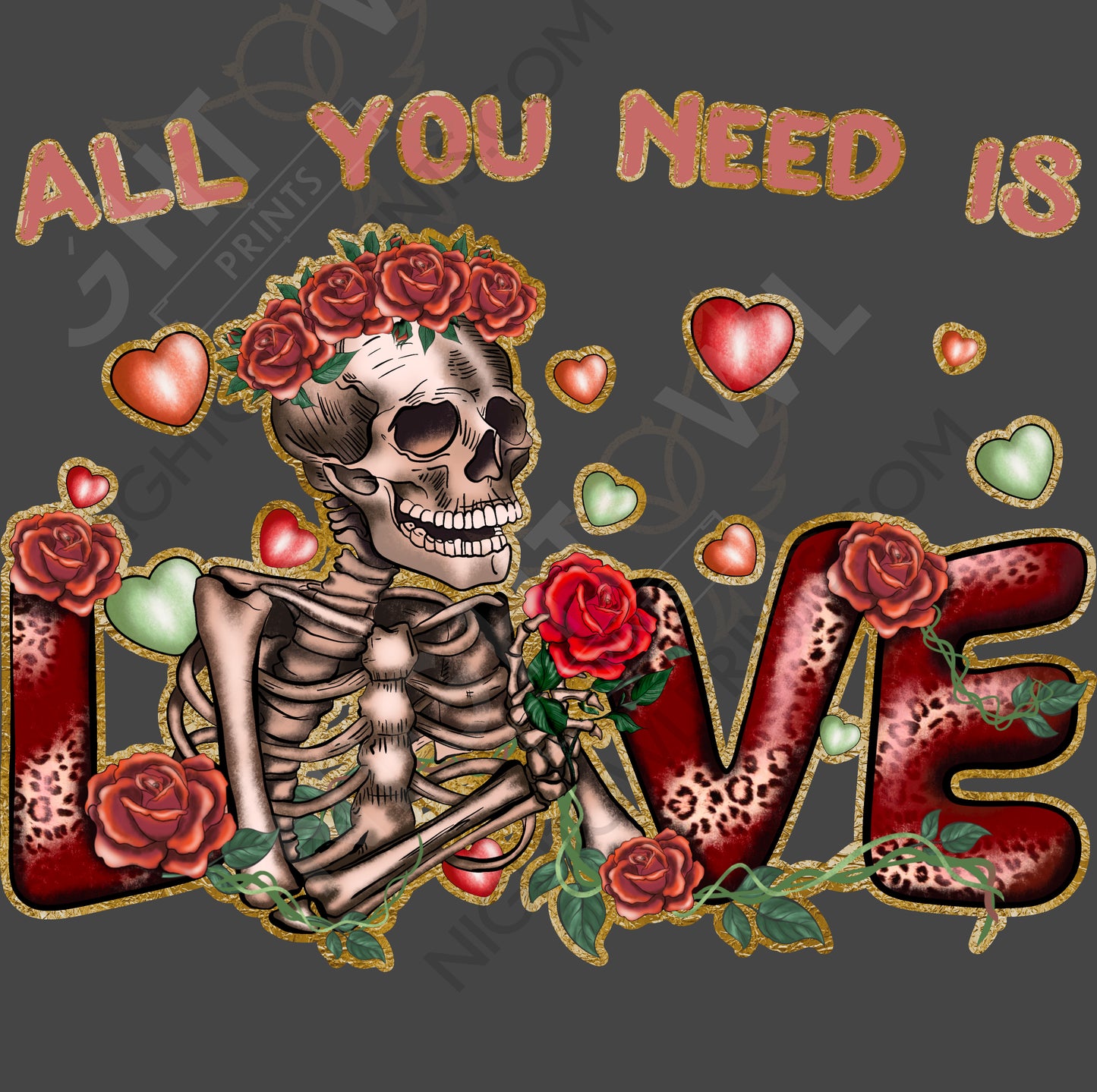 Digital Download file PNG. All You Need is Love Skeleton. 300 DPI. Print ready file.