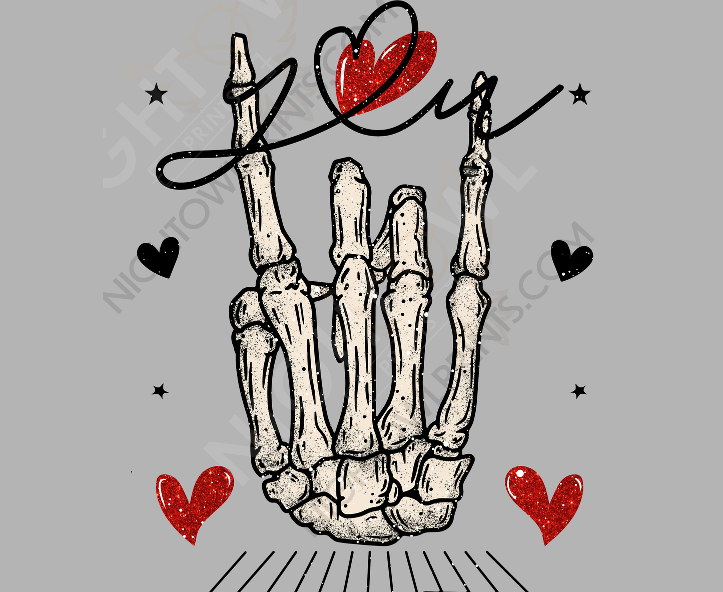Skull hands and hearts. Heart you DTF Transfer.