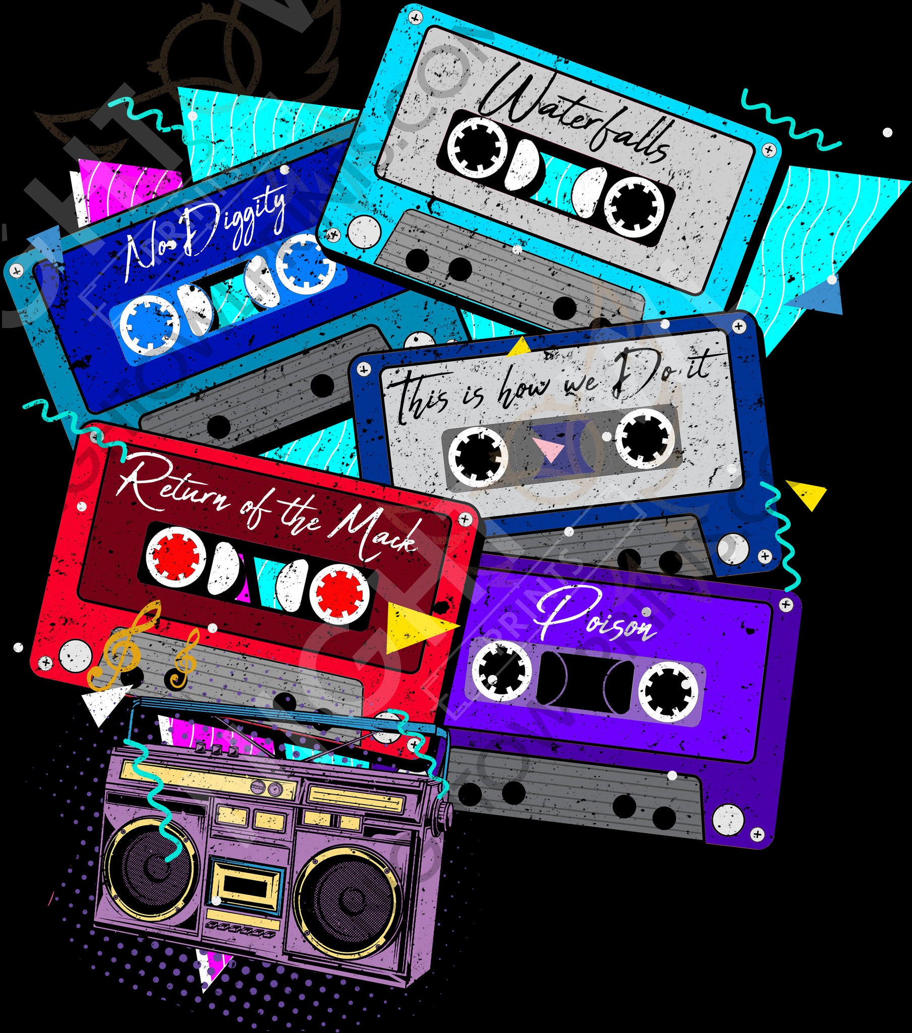 Download file PNG. 90s Cassette Tapes. 300 DPI.  Print ready file.